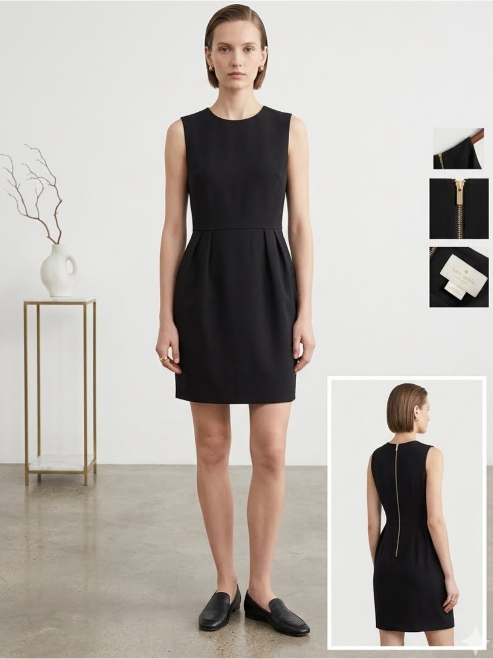Kate Spade black crewneck sheath dress zipper back gold size 8 career cocktail